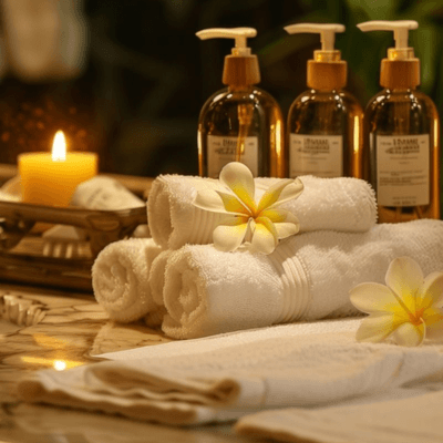 Rolled white spa towels with frangipani flowers, warm candlelight, and natural oils at Anantara Spa