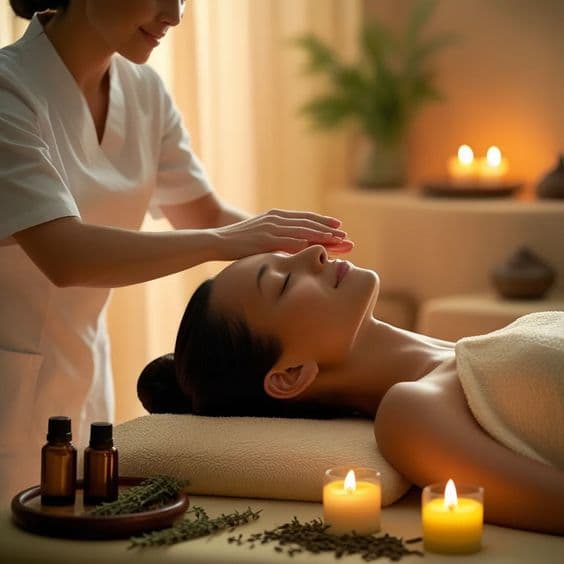 Therapist performing a calming facial massage with essential oils and candlelight