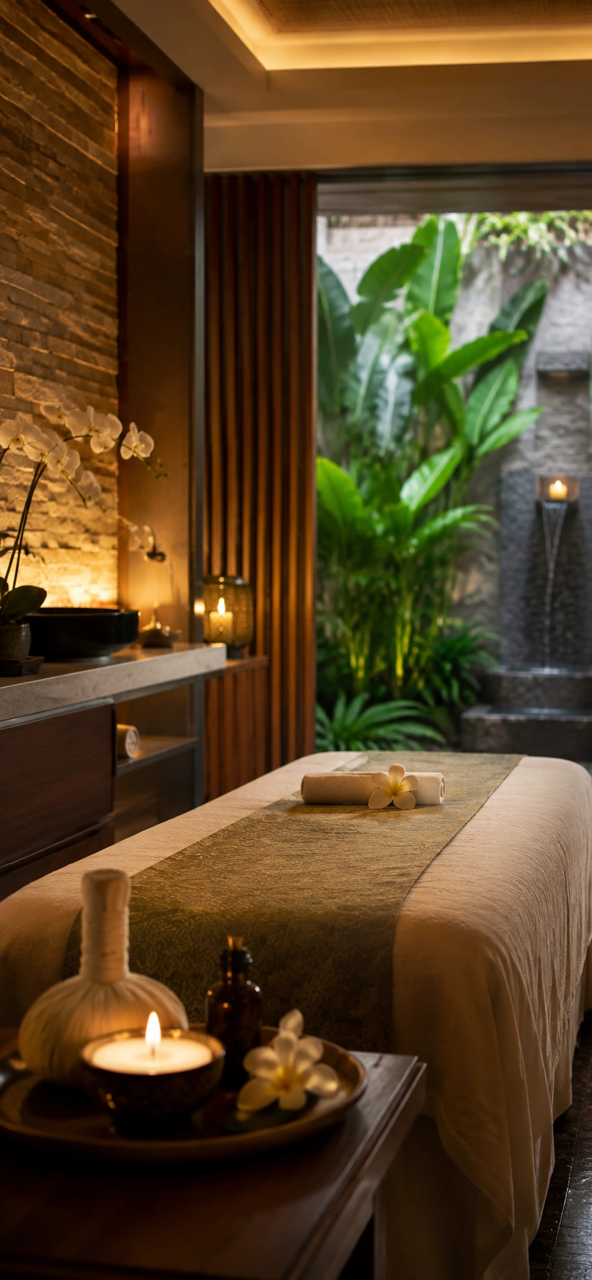 Private, candlelit Anantara Spa treatment suite with a garden water feature